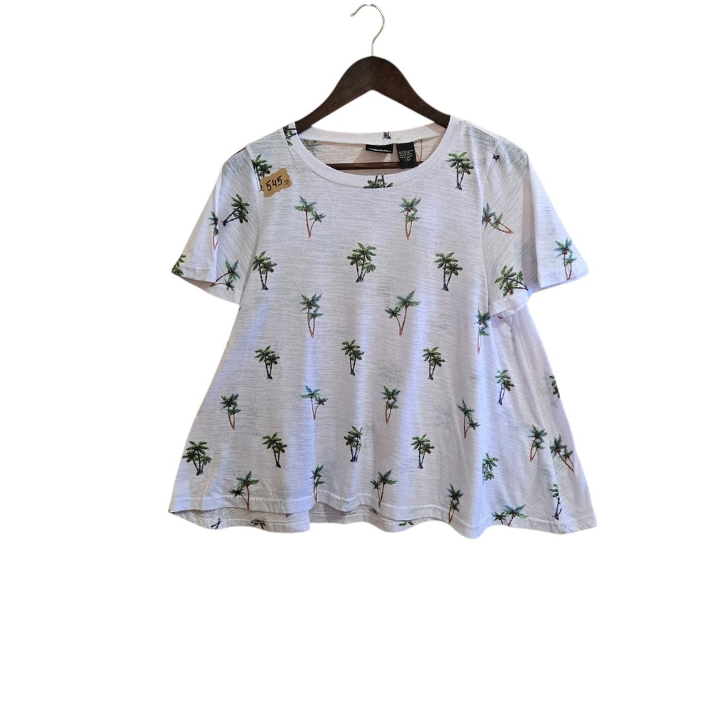 Sara Studio Shortsleeve Top SZ LG White‎ Palm Trees Rhinestone Rayon/Poly